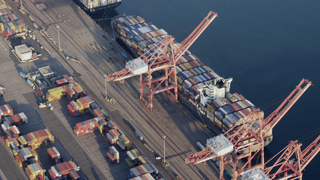 Freight containers and cranes in port