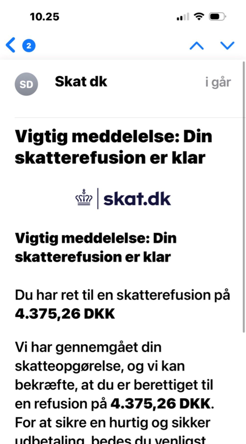 Eksempel på falsk SMS fra SKAT